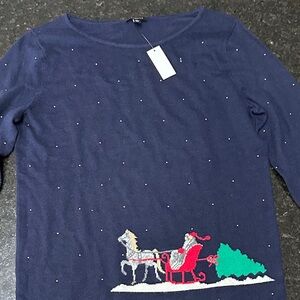 Talbots Women Small Petite Navy Sweater‎ Santa Sleigh Cashmere Holiday